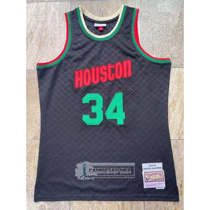Camiseta Houston Rockets Hakeem Olajuwon NO 34 Mitchell & Ness 1993-94 Negro